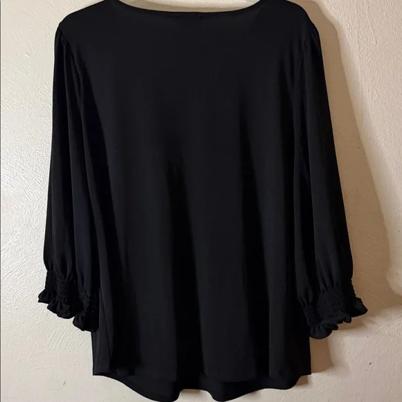 Adrianna Papell Black Blouse with Smocked Sleeves - Picture 7 of 10